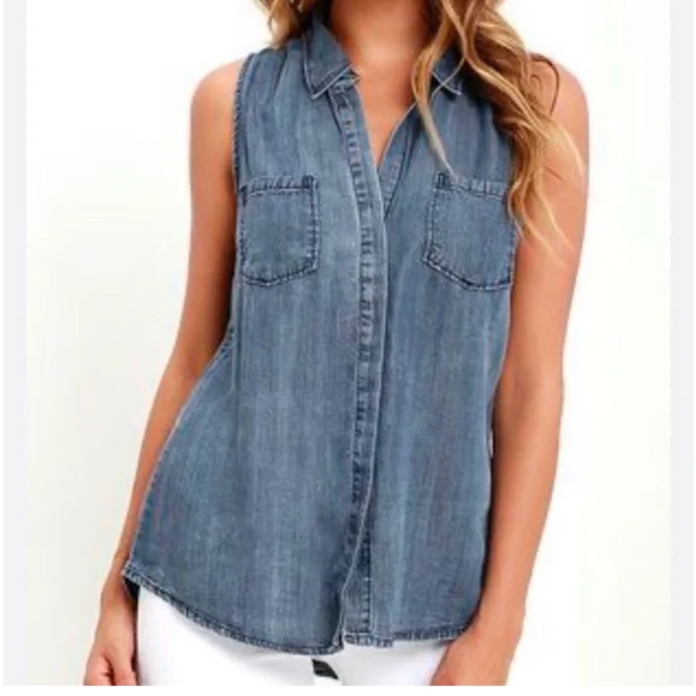 Lulu's Blue Denim Sleeveless Button-Down Shirt